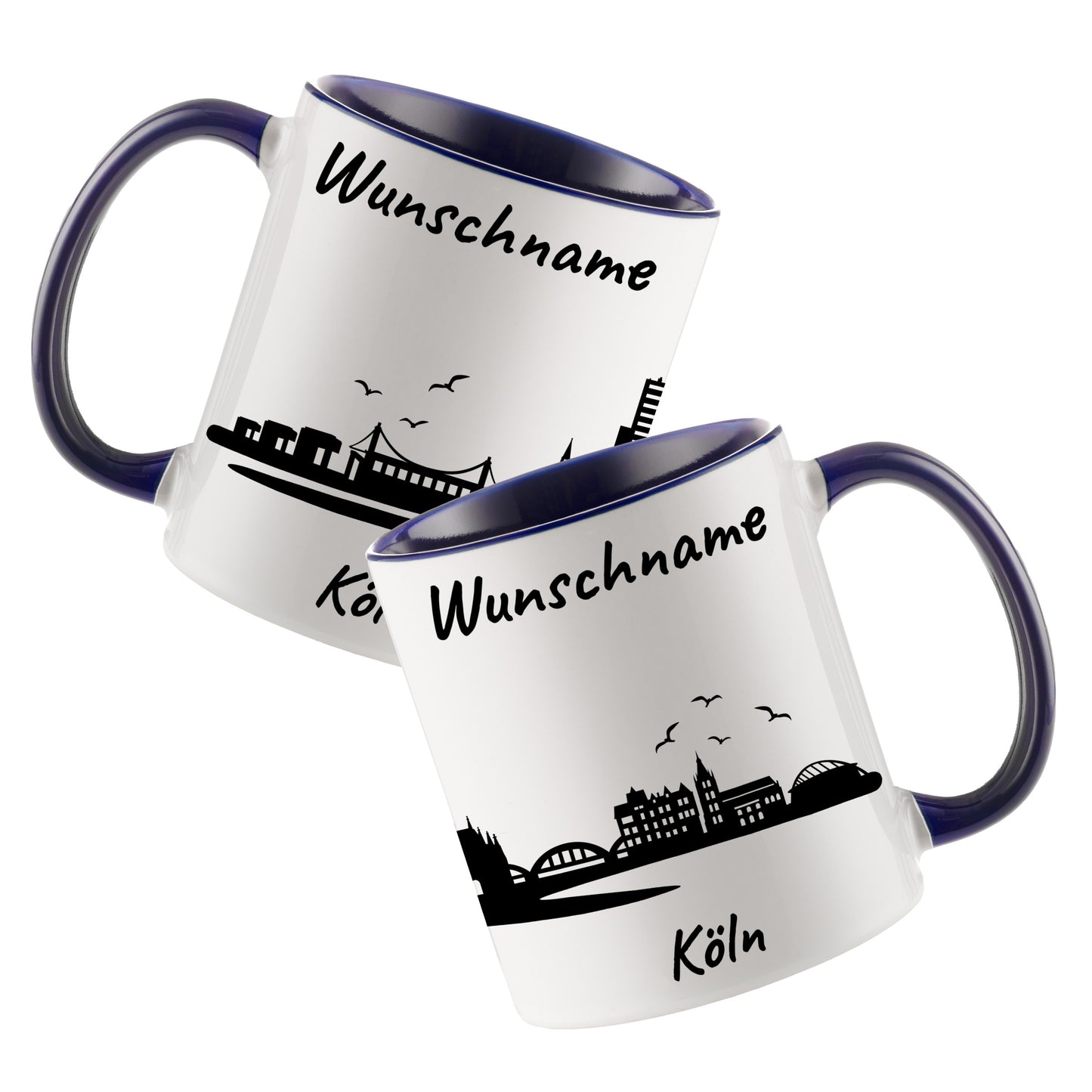 Tasse in Dunkelblau 330ml bedruckt mit der Skyline von Köln personalisierbar mit Wunschname