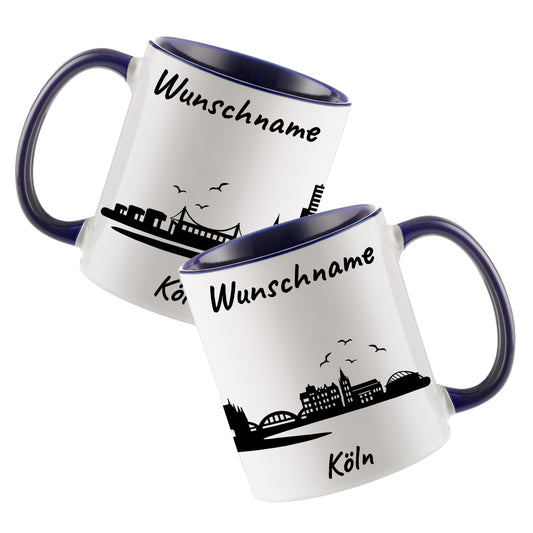 Tasse in Dunkelblau 330ml bedruckt mit der Skyline von Köln personalisierbar mit Wunschname
