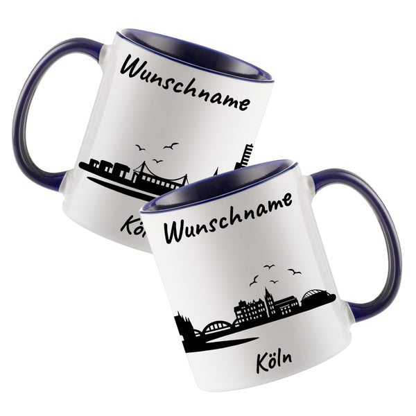 Tasse in Dunkelblau 330ml bedruckt mit der Skyline von Köln personalisierbar mit Wunschname