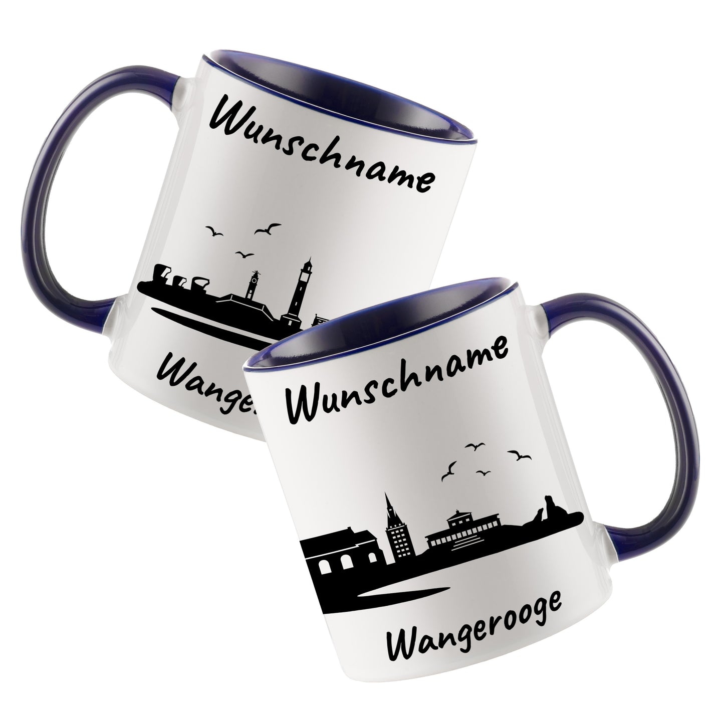 Tasse in Dunkelblau 330ml bedruckt mit der Skyline von Wangerooge personalisierbar mit Wunschname