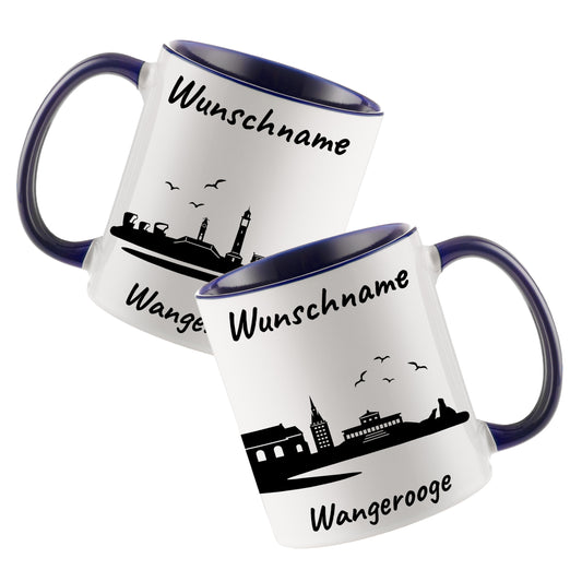 Tasse in Dunkelblau 330ml bedruckt mit der Skyline von Wangerooge personalisierbar mit Wunschname