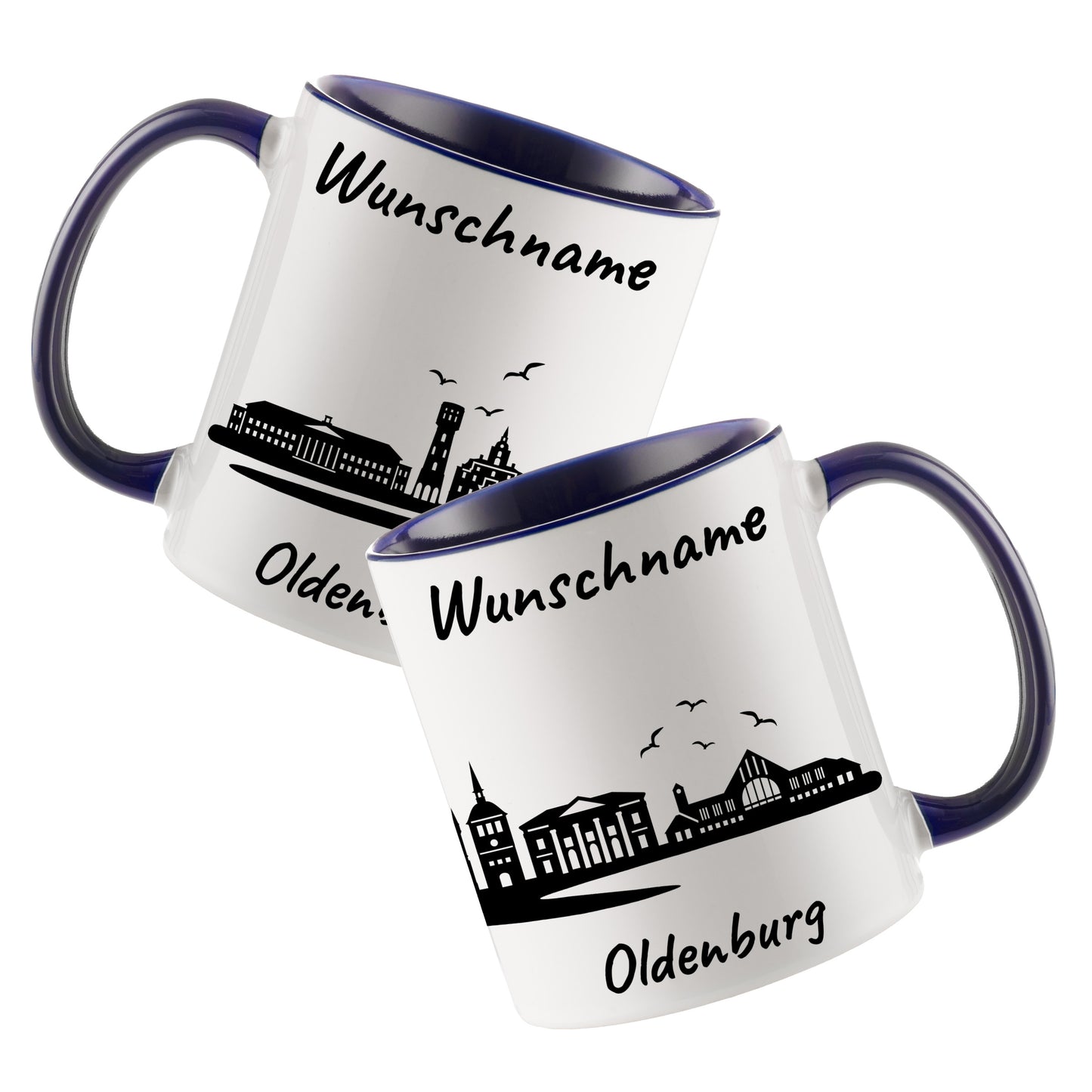 Tasse in Dunkelblau 330ml bedruckt mit der Skyline von Oldenburg personalisierbar mit Wunschname