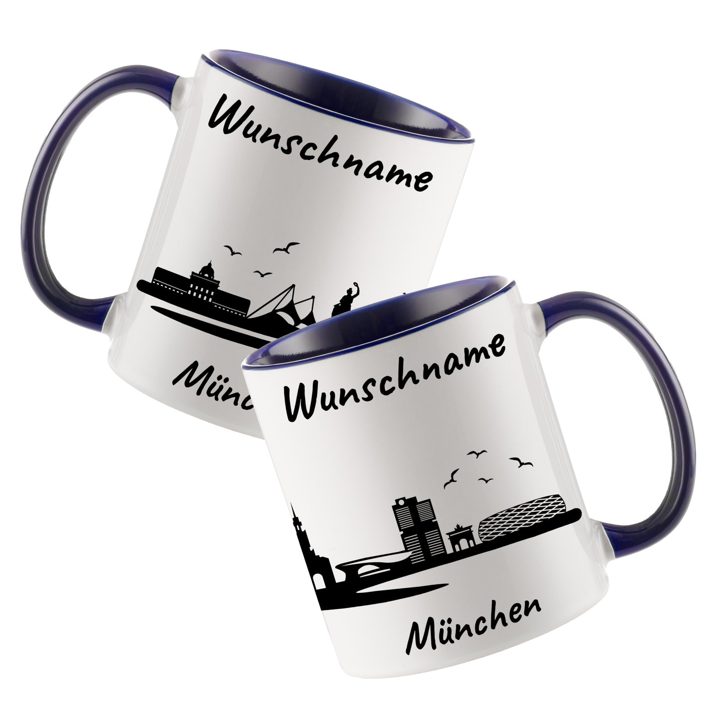 Tasse in Dunkelblau 330ml bedruckt mit der Skyline von München personalisierbar mit Wunschname
