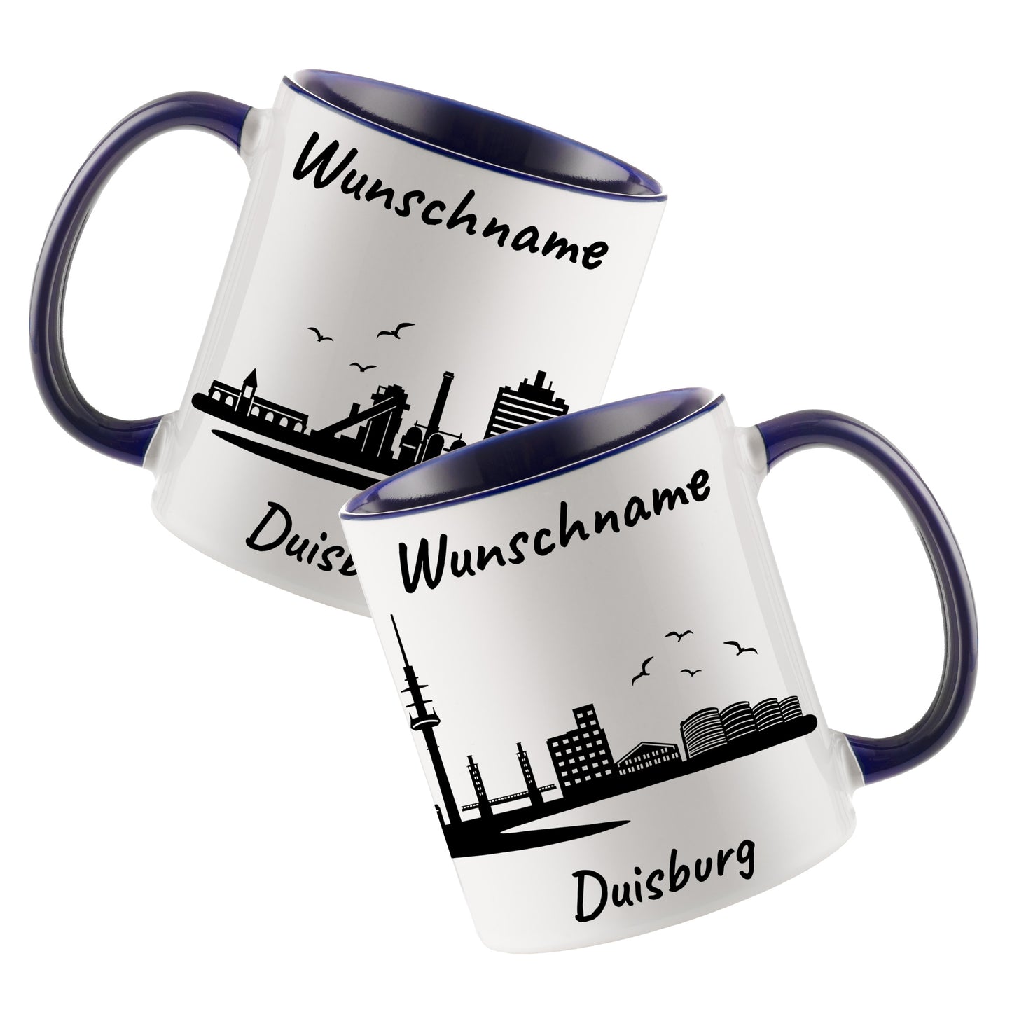 Tasse in Dunkelblau 330ml bedruckt mit der Skyline von Duisburg personalisierbar mit Wunschname