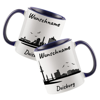 Tasse in Dunkelblau 330ml bedruckt mit der Skyline von Duisburg personalisierbar mit Wunschname