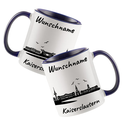 Tasse in Dunkelblau 330ml bedruckt mit der Skyline von Kaiserslautern personalisierbar mit Wunschname
