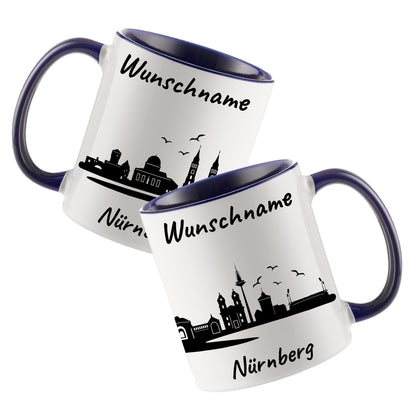 Tasse in Dunkelblau 330ml bedruckt mit der Skyline von Nürnberg personalisierbar mit Wunschname