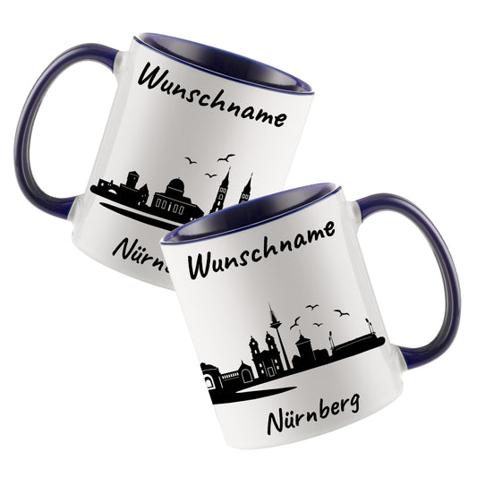 Tasse in Dunkelblau 330ml bedruckt mit der Skyline von Nürnberg personalisierbar mit Wunschname