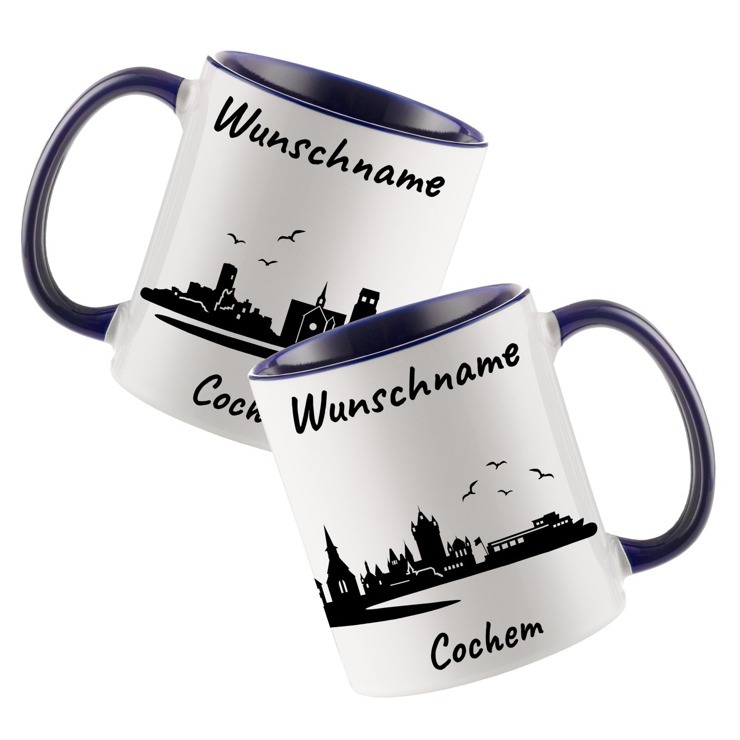 Tasse in Dunkelblau 330ml bedruckt mit der Skyline von Cochem personalisierbar mit Wunschname