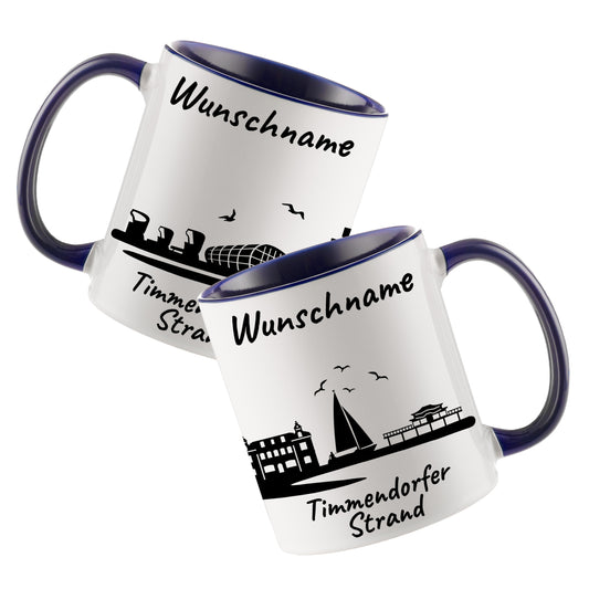 Tasse in Dunkelblau 330ml bedruckt mit der Skyline von Timmendorfer Strand personalisierbar mit Wunschname