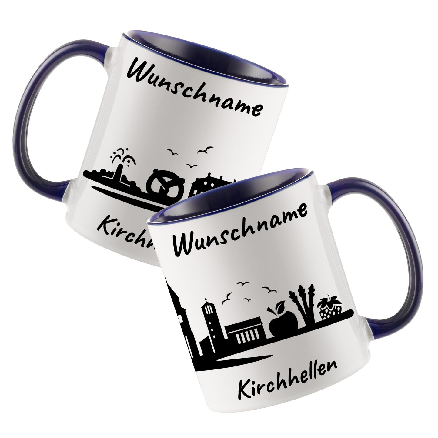 Tasse in Dunkelblau 330ml bedruckt mit der Skyline von Kirchhellen personalisierbar mit Wunschname
