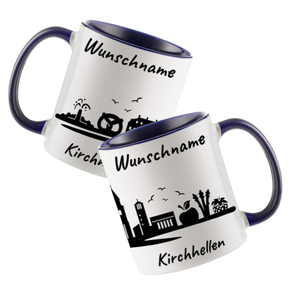 Tasse in Dunkelblau 330ml bedruckt mit der Skyline von Kirchhellen personalisierbar mit Wunschname