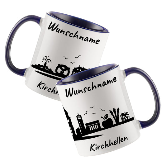Tasse in Dunkelblau 330ml bedruckt mit der Skyline von Kirchhellen personalisierbar mit Wunschname