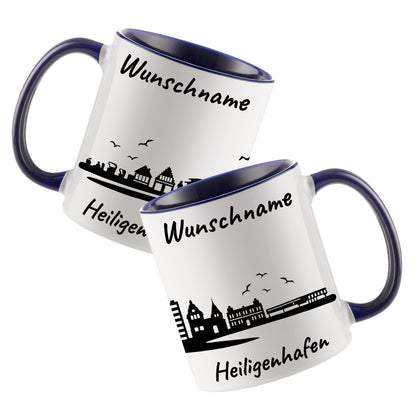 Tasse in Dunkelblau 330ml bedruckt mit der Skyline von Heiligenhafen personalisierbar mit Wunschname
