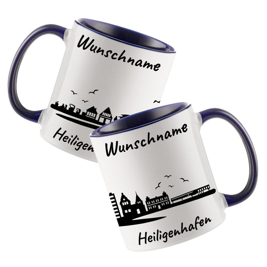 Tasse in Dunkelblau 330ml bedruckt mit der Skyline von Heiligenhafen personalisierbar mit Wunschname
