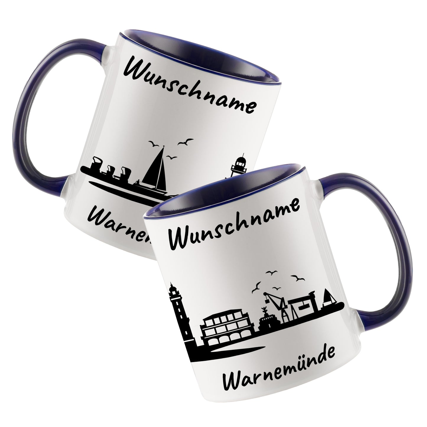 Tasse in Dunkelblau 330ml bedruckt mit der Skyline von Warnemünde personalisierbar mit Wunschname
