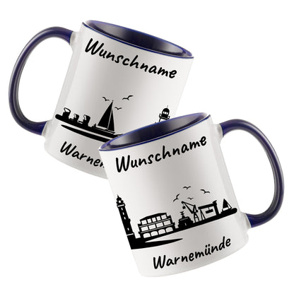 Tasse in Dunkelblau 330ml bedruckt mit der Skyline von Warnemünde personalisierbar mit Wunschname