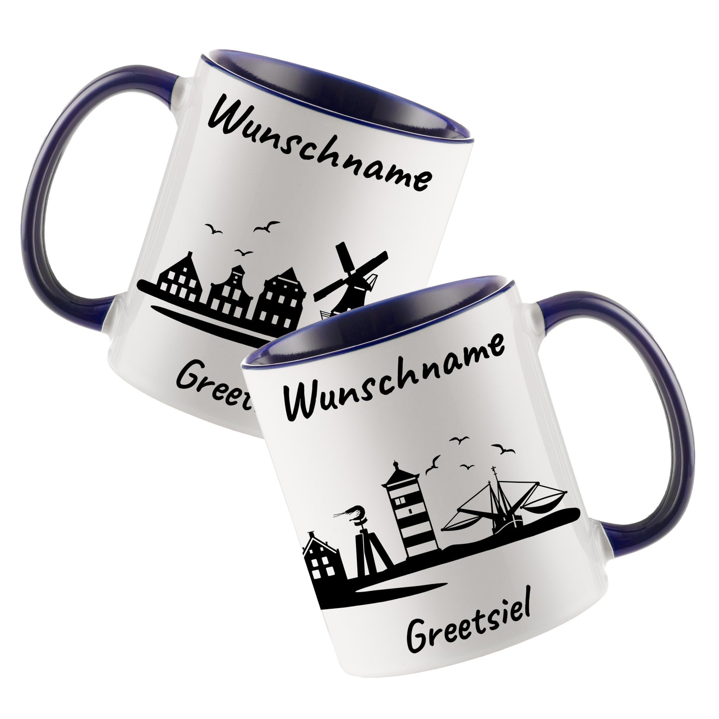 Tasse in Dunkelblau 330ml bedruckt mit der Skyline von Greetsiel personalisierbar mit Wunschname