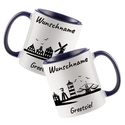 Tasse in Dunkelblau 330ml bedruckt mit der Skyline von Greetsiel personalisierbar mit Wunschname