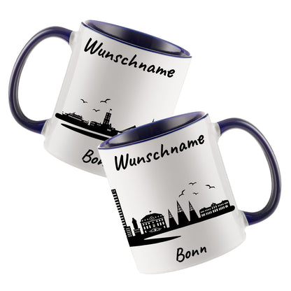 Tasse in Dunkelblau 330ml bedruckt mit der Skyline von Bonn personalisierbar mit Wunschname