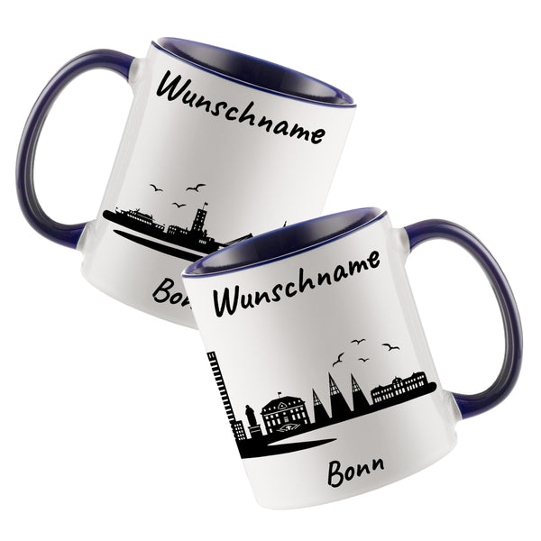Tasse in Dunkelblau 330ml bedruckt mit der Skyline von Bonn personalisierbar mit Wunschname