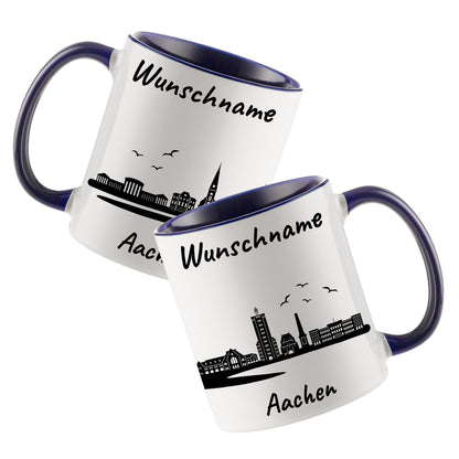 Tasse in Dunkelblau 330ml bedruckt mit der Skyline von Aachen personalisierbar mit Wunschname