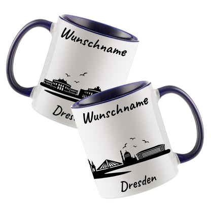 Tasse in Dunkelblau 330ml bedruckt mit der Skyline von Dresden personalisierbar mit Wunschname