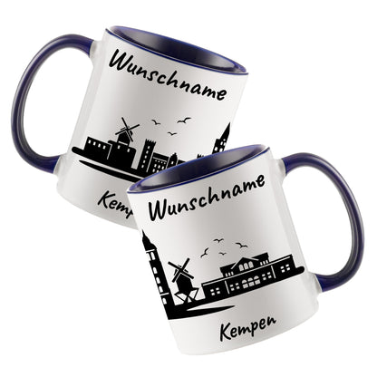 Tasse in Dunkelblau 330ml bedruckt mit der Skyline von Kempen personalisierbar mit Wunschname