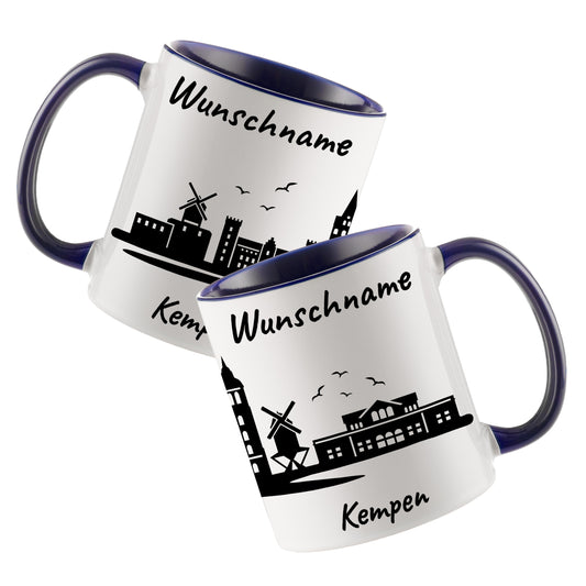Tasse in Dunkelblau 330ml bedruckt mit der Skyline von Kempen personalisierbar mit Wunschname
