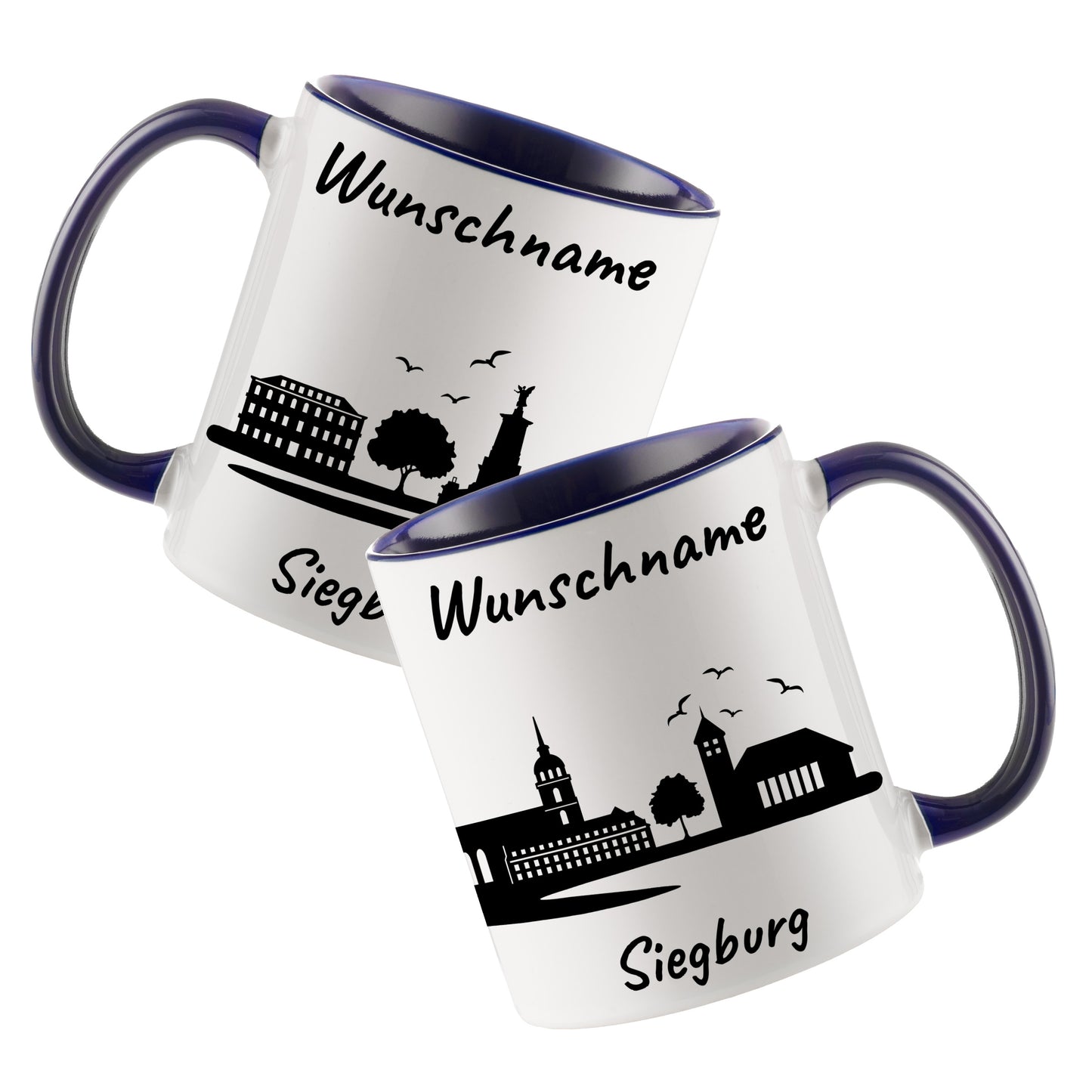 Tasse in Dunkelblau 330ml bedruckt mit der Skyline von Siegburg personalisierbar mit Wunschname