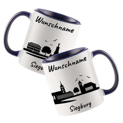 Tasse in Dunkelblau 330ml bedruckt mit der Skyline von Siegburg personalisierbar mit Wunschname