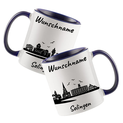 Tasse in Dunkelblau 330ml bedruckt mit der Skyline von Solingen personalisierbar mit Wunschname