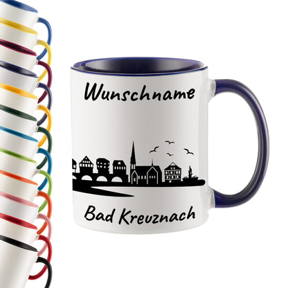 Tasse in Dunkelblau 330ml bedruckt mit der Skyline von Bad Kreuznach personalisierbar mit Wunschname