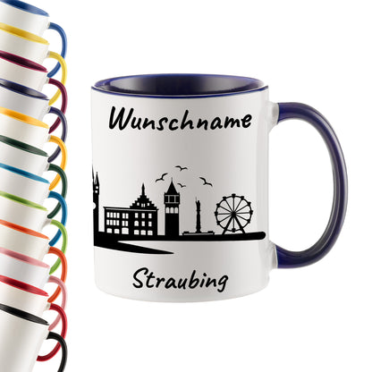 Tasse in Dunkelblau 330ml bedruckt mit der Skyline von Straubing personalisierbar mit Wunschname