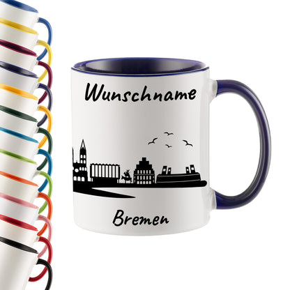 Tasse in Dunkelblau 330ml bedruckt mit der Skyline von Bremen personalisierbar mit Wunschname