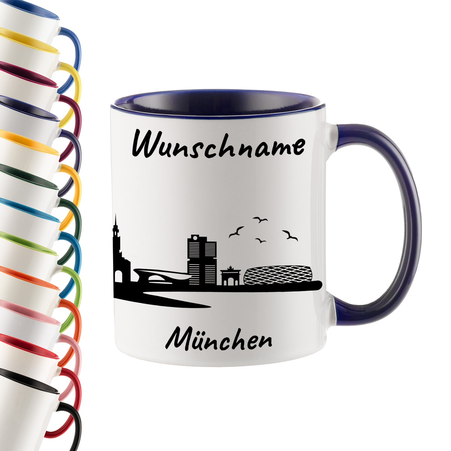 Tasse in Dunkelblau 330ml bedruckt mit der Skyline von München personalisierbar mit Wunschname