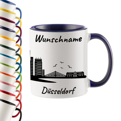 Tasse in Dunkelblau 330ml bedruckt mit der Skyline von Düsseldorf personalisierbar mit Wunschname