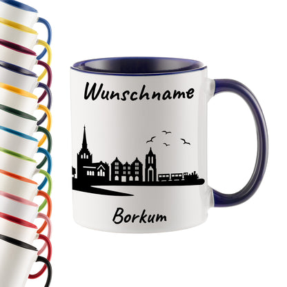 Tasse in Dunkelblau 330ml bedruckt mit der Skyline von Borkum personalisierbar mit Wunschname