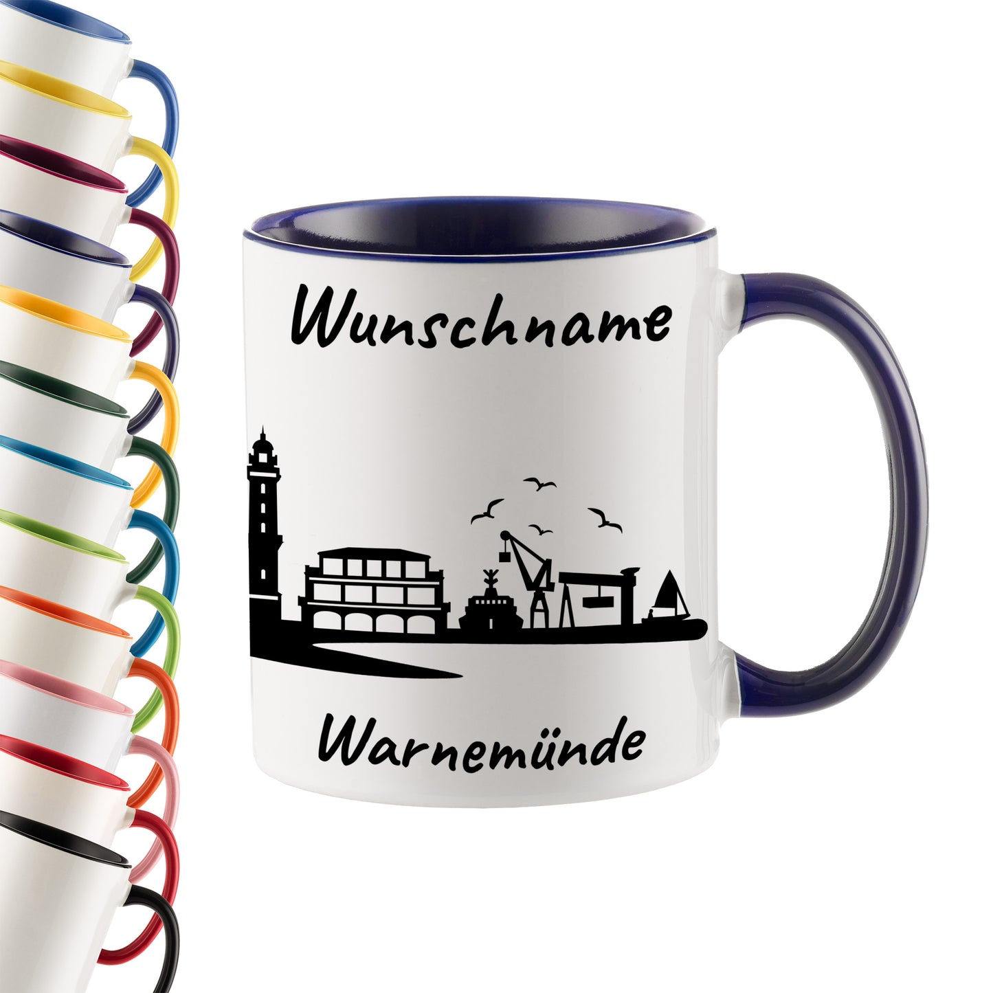 Tasse in Dunkelblau 330ml bedruckt mit der Skyline von Warnemünde personalisierbar mit Wunschname