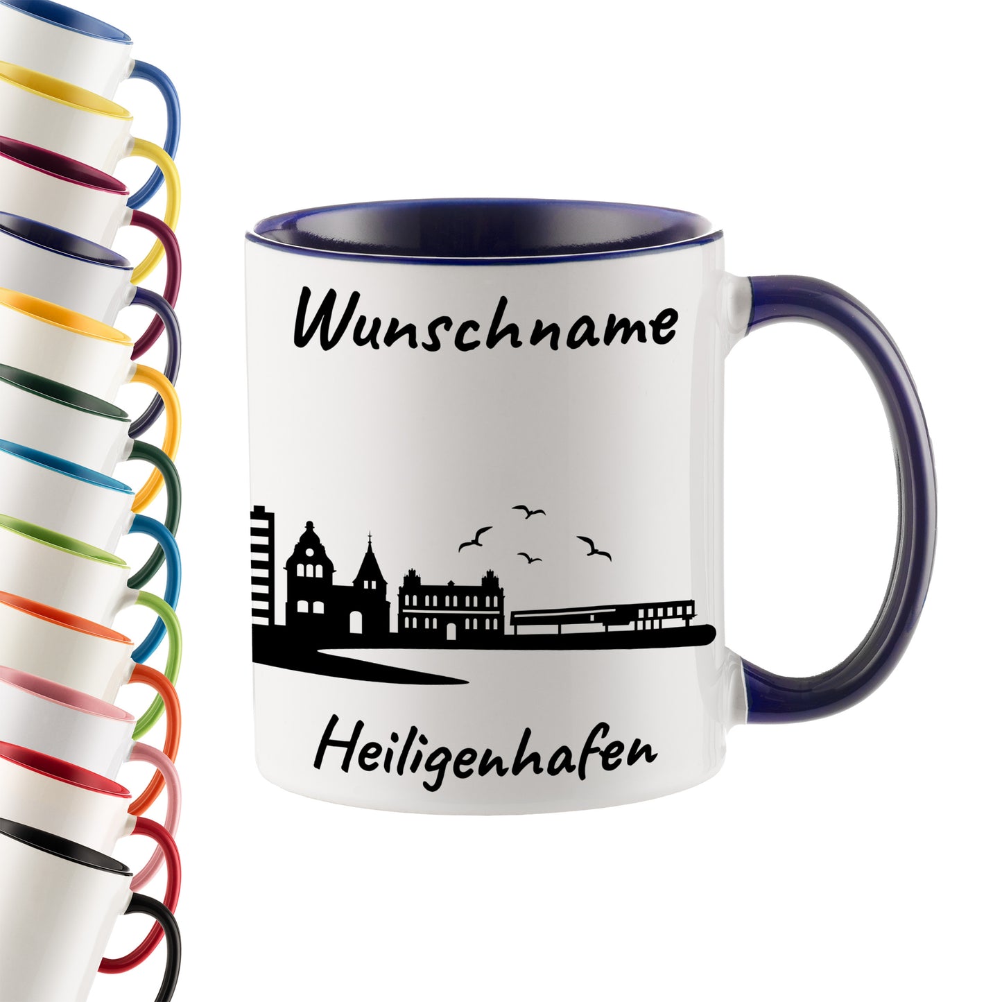 Tasse in Dunkelblau 330ml bedruckt mit der Skyline von Heiligenhafen personalisierbar mit Wunschname