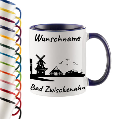 Tasse in Dunkelblau 330ml bedruckt mit der Skyline von Bad Zwischenahn personalisierbar mit Wunschname