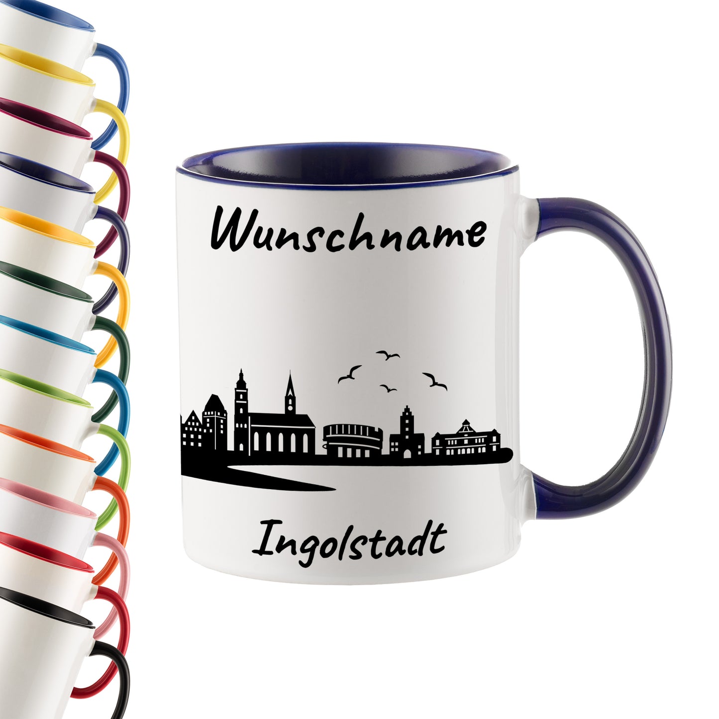 Tasse in Dunkelblau 330ml bedruckt mit der Skyline von Ingolstadt personalisierbar mit Wunschname