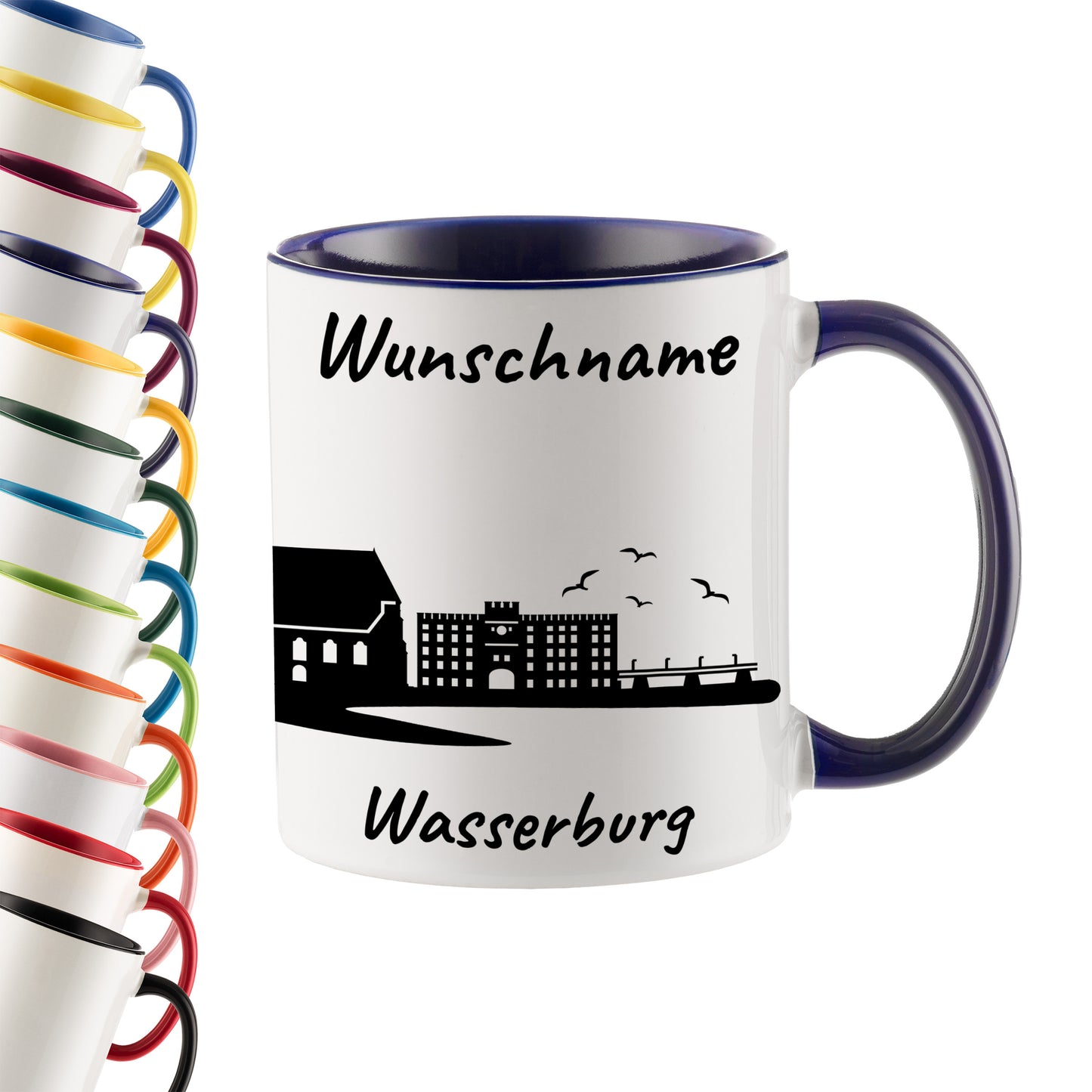 Tasse in Dunkelblau 330ml bedruckt mit der Skyline von Wasserburg personalisierbar mit Wunschname