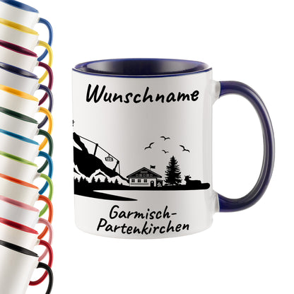 Tasse in Dunkelblau 330ml bedruckt mit der Skyline von Garmisch-Partenkirchen personalisierbar mit Wunschname