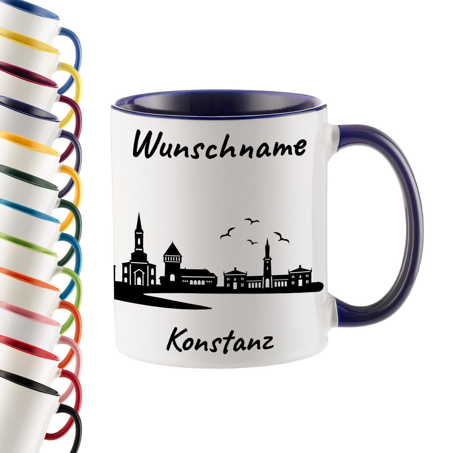 Tasse in Dunkelblau 330ml bedruckt mit der Skyline von Konstanz personalisierbar mit Wunschname