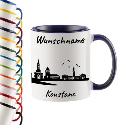 Tasse in Dunkelblau 330ml bedruckt mit der Skyline von Konstanz personalisierbar mit Wunschname