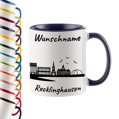Tasse in Dunkelblau 330ml bedruckt mit der Skyline von Recklinghausen personalisierbar mit Wunschname