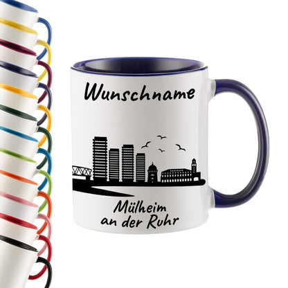 Tasse in Dunkelblau 330ml bedruckt mit der Skyline von Mülheim an der Ruhr personalisierbar mit Wunschname