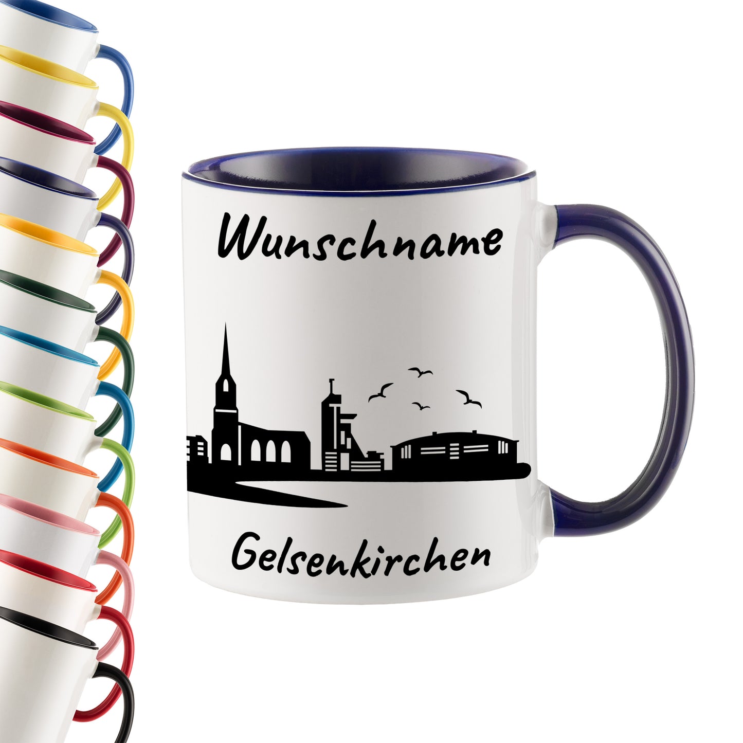 Tasse in Dunkelblau 330ml bedruckt mit der Skyline von Gelsenkirchen personalisierbar mit Wunschname