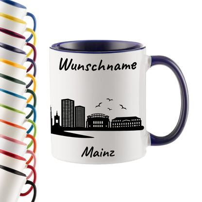 Tasse in Dunkelblau 330ml bedruckt mit der Skyline von Mainz personalisierbar mit Wunschname